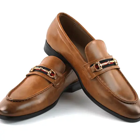 Slip On Cognac Brown Loafers With Gold Buckle Men's Dress Formal Shoes AZARMAN