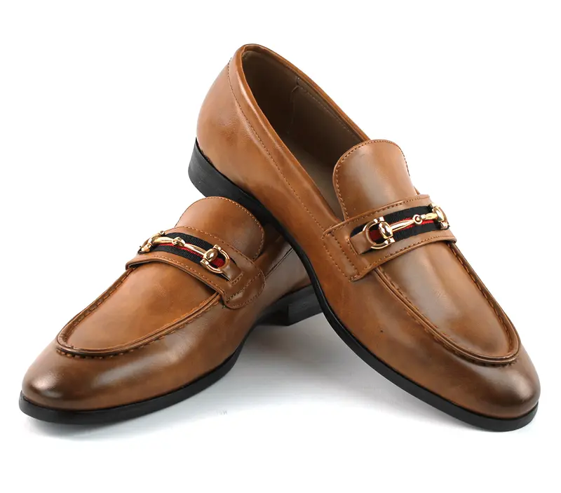 Slip On Cognac Brown Loafers With Gold Buckle Men display picture 2