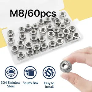 60-piece Anti-loose Hexagonal Nut Assortment Set, suitable for M8 thread specification, made of 304 stainless steel. The set includes a variety of nylon insert lock nuts and standard thread nylon locking nuts.