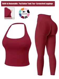 Two-Piece Set Women's Solid Seamless Crop Tank Top & High Waist Leggings Tracksuit Set Gym Sets, Sporty Casual Breathable Comfortable Outfits for Yoga Gym Workout Running, Ladies Sportswear for All Seasons