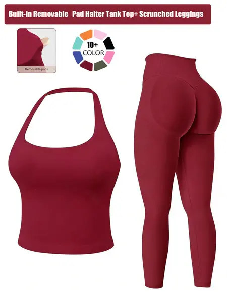 Two-Piece Set Women's Solid Seamless Crop Tank Top & High Waist Leggings Tracksuit Set Gym Sets, Breathable Comfortable Outfits for Yoga Gym Workout Running, Ladies Sportswear for All Seasons, Fitness Clothing, Fitness Clothes, Exercise Clothing Set