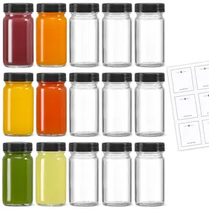 15 Pack 2 oz Glass Shot Mini Bottles w/ Black Lids & 15 Labels - Small Clear Jar for Ginger, Wellness Shot, Juice, Sample, Whiskey - Travel Essentials - Wide Mouth, Leakproof, Dishwasher Safe Beverage Disposable