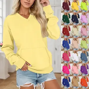 2025 Autumn Winter Women's V-neck Solid Color Hoodless Sweatshirt with Pockets Loose Long Sleeve Pullover Casual Basic Minimalist Tops Elegance Everyday Fit Womenswear Hoodie Style Piece Jeans Leggings