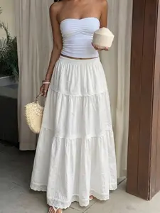 Boho White Tiered Lace Lightweight Maxi Skirt Elastic Waist Flowy Layered Summer Beach Skirt for Women