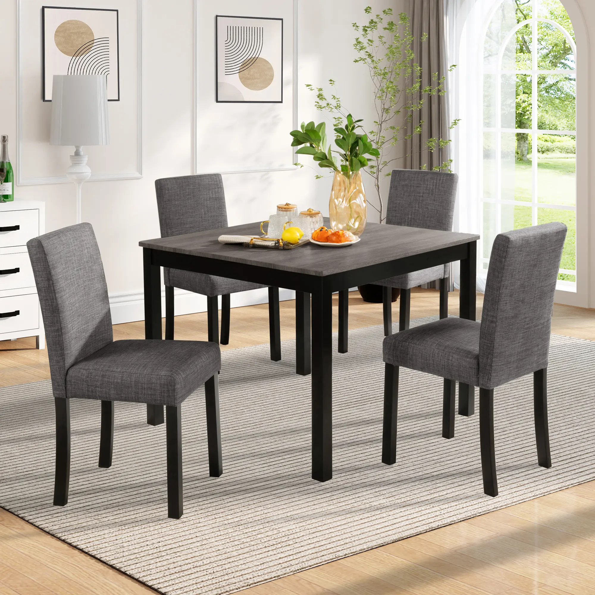 5-Piece Dining Table Set with 4 Upholstered Chairs, Square Wooden Table for Compact Kitchen use , Padded Seats with Ergonomic Backrest, Space-Saving Design, Easy Assembly， breakfast nook