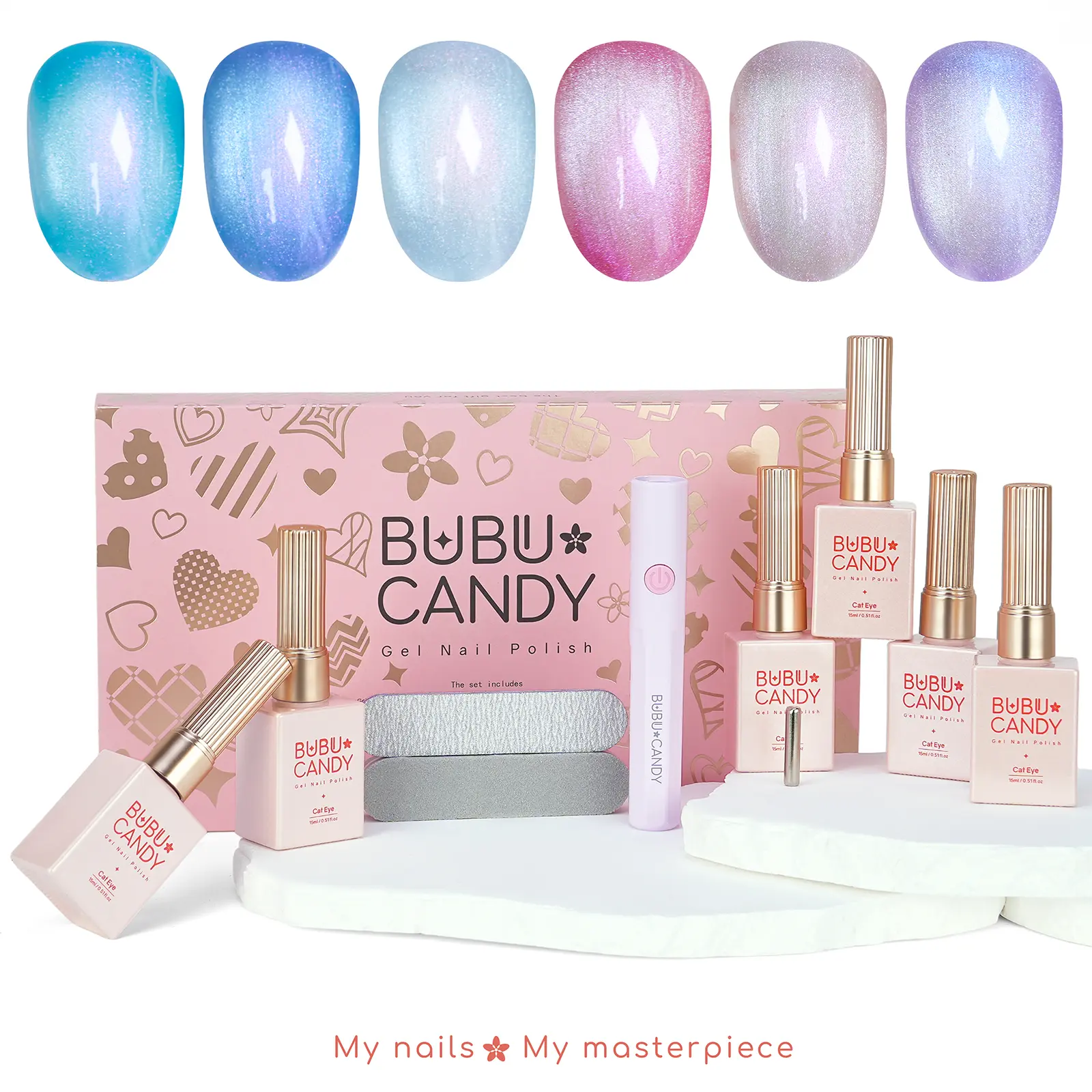 Exclusive to milymanny BUBU CANDY Ice Amber Aurora Cat Eye Gel Nail Polish Set, 6PCS 15ML Eco-Friendly Soak Off Gel, with LED Lamp & Nail File, Salon-Quality Shimmer Cat Eye Colors, Long-Lasting UV Gel Polish for Home DIY Manicure #