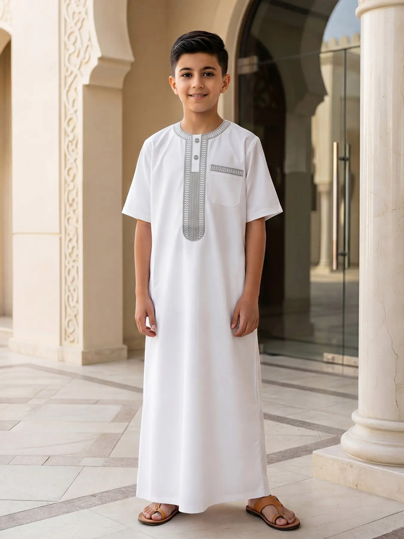 Muslim Boy Traditional Short Sleeve Thobe, Arabic Clothing, Classic Modesty with Silver Color Embroidery, Button Decor Side Pockets, Ages 8-12
