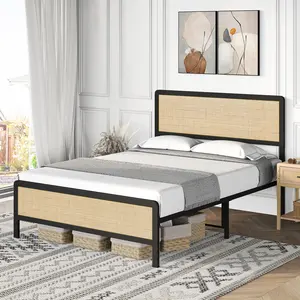 Queen Bed Frame with Rattan Headboard, Boho Style Platform Rattan Bed Frame with Strong Metal Slat Support,No Box Spring Needed, Noise Free, Easy Assembly, Black & Oak