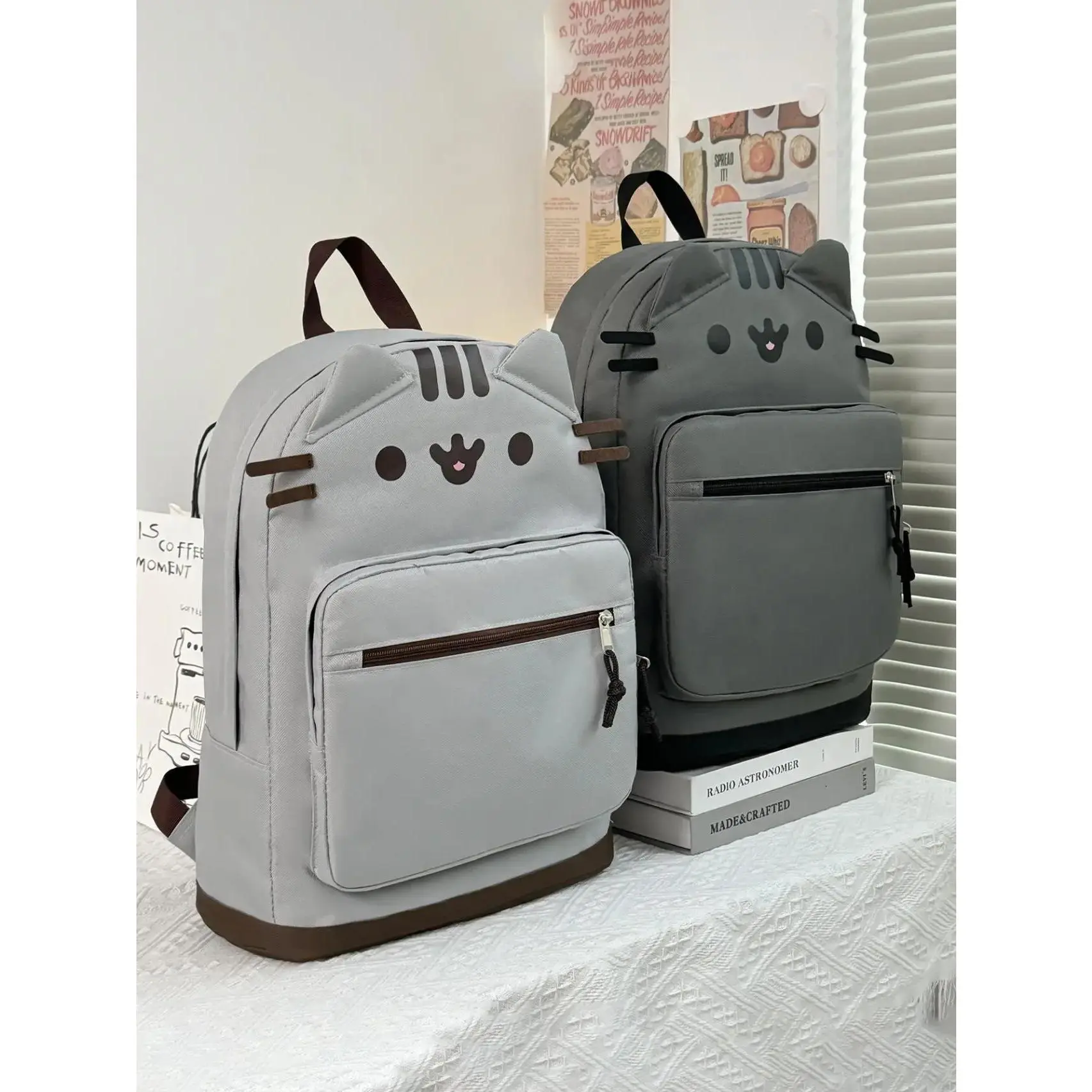 Viral Kawaii Pusheen Grey Cat Backpack with 3D Ears, Cute Look Cat Face, Lightweight Water-Resistant Gym Bag for Teen Girls, Daily Use Aesthetic Back to School Gift