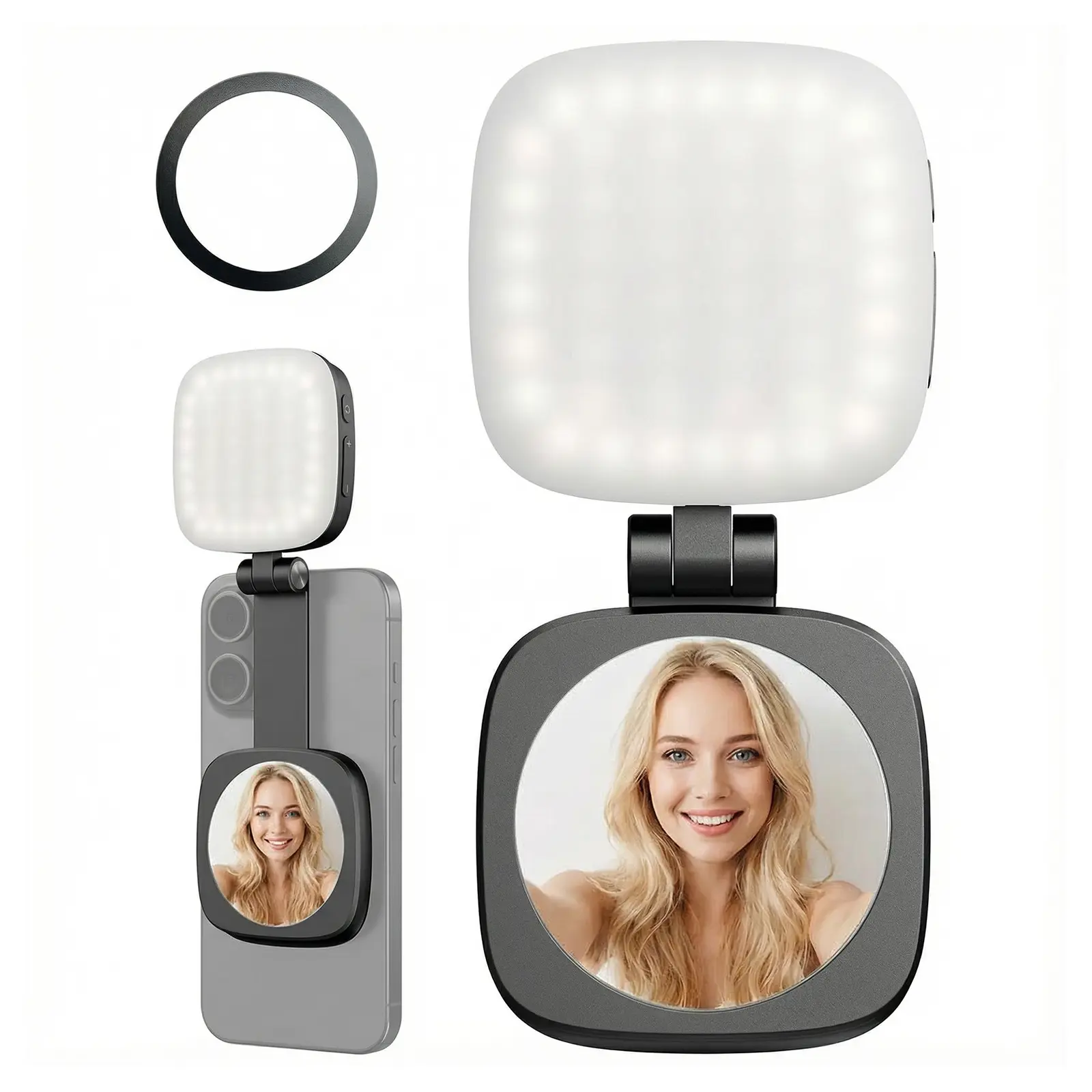 Portable Selfie Light - Rechargeable Folding LED Fill Light with Mirror, Mobile Phone Accessory Compatible with iPhone for Makeup, Photography