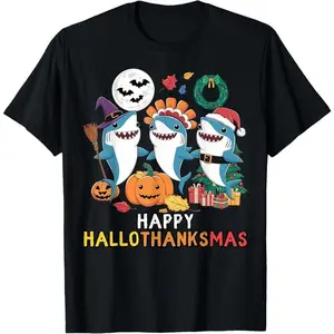 Happy Hallothanksmas Christmas Halloween, Shark Thanksgiving T-Shirt
