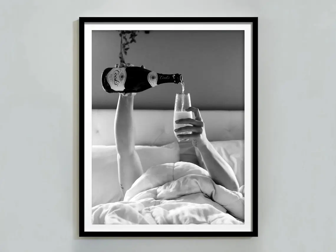 Woman Drinking Champagne in Bed Print, Feminist Poster, Black and White, Alcohol Wall Art, Bar Cart Print, Bar Poster, Teen Girl Room Décor