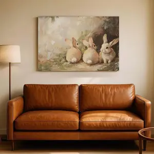 Cute Rabbits Canvas Wall Art, Vintage Bunnies Easter Wall Decor, Cottage Spring Rabbit Painting, Aesthetic Canvas Print for Living Room Bedroom Home Decor
