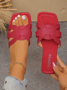 New Flat Sole Slippers, Crocodile Pattern Design, Breathable Hollow Out Upper, Soft Elastic Sole, Fashion Letter Print, All Seasons