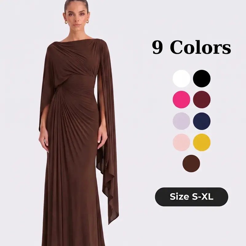LikeMyChoice Winter Boat Neck Cape Sleeve Maxi Dress Pleated Ruched Slim Fit Formal Evening Gown Wedding Guest Long Dress