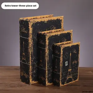 A set of three items, a retro European-style book-shaped storage box, a compact wooden and PU material souvenir box, with real design keys and jewelry storage functions, suitable for home decoration and storage of small safety items, as well as commemorat