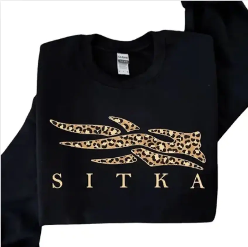 Sitka Leopard Pattern Print Logo Unisex Sweatshirt,  Sitka Hunting Shirt, Leopard Printed Unisex Crew Neck Graphic, Casual Streetwear Top for Men & Women