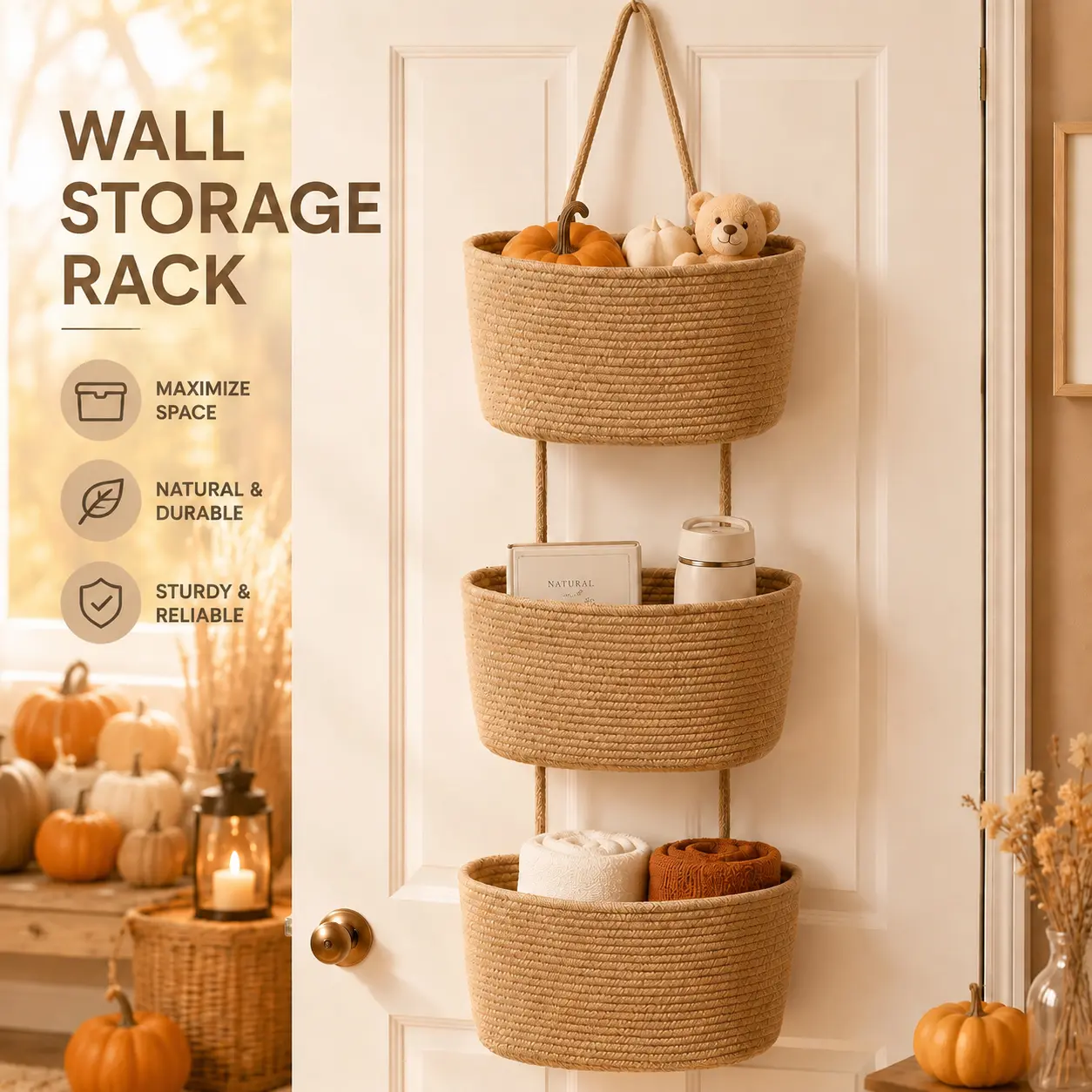 2026 New 3-Tier Woven Cotton Over-the-Door Hanging Wall Basket, Jute Home Organizer Storage - Woven Cotton Feels Natural, Adds Warm Woven Charm to Any Room, Ideal for Dorm Back-to-School, Baby Wipes & Light Toys Storage