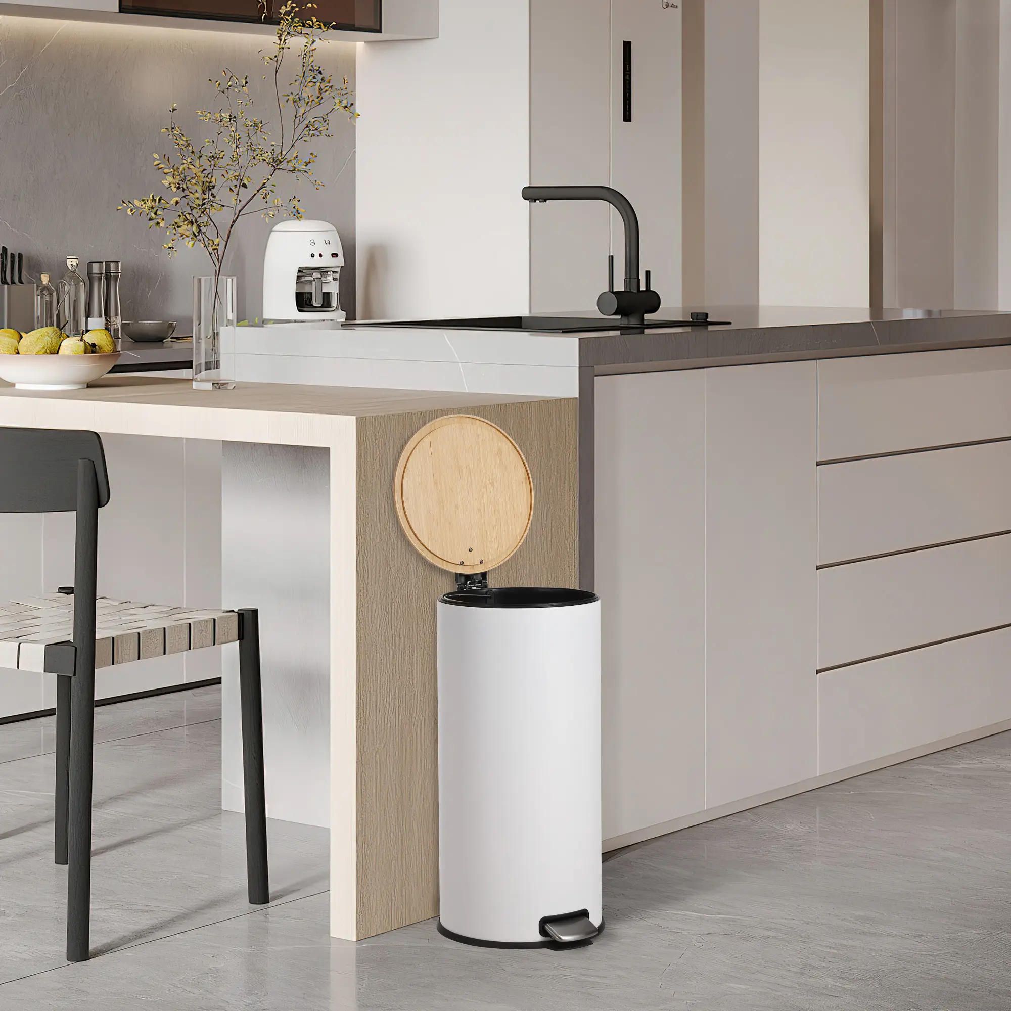 8 Gallon (30L) Slim Round Step-On Trash Can, Stainless Steel Body with Soft-Close Bamboo Lid, Fingerprint Resistant, Removable Inner Liner, Hands-Free Waste Bin for Kitchen, Bathroom & Home Office