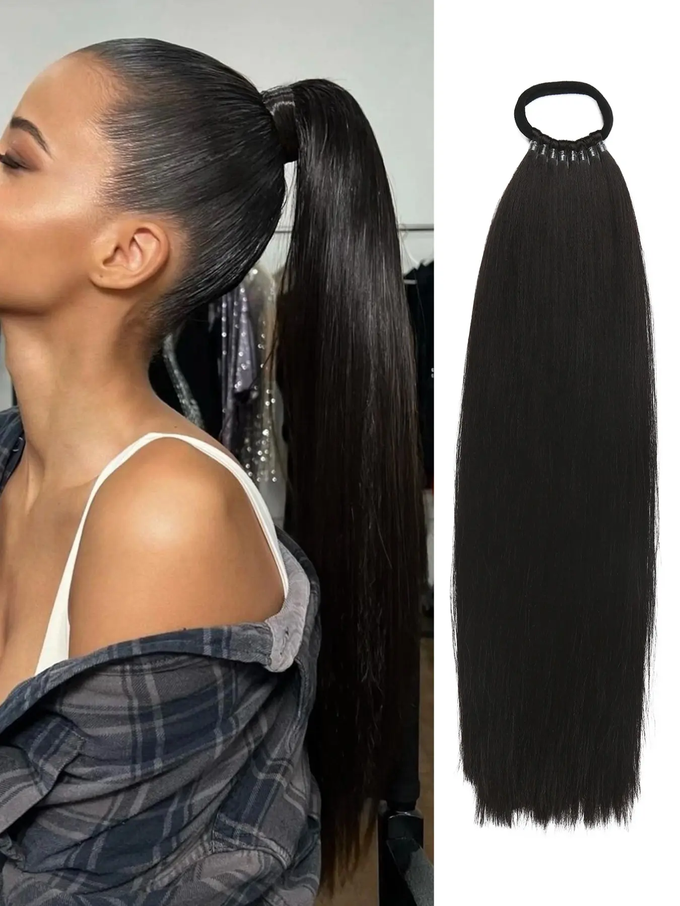16 inch Synthetic Ponytail Hairpiece, Synthetic Hair Pieces, Versatile Elastic Band Black Brown Ponytail Heat Resistant Extension for Women, Long Straight DIY Wrap Around Ponytail Natural Synthetic Pony Tails for Christmas
