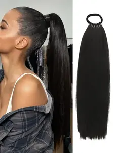 16 inch Synthetic Ponytail Hairpiece, Versatile Elastic Band Black Brown Ponytail Heat Resistant Extension for Women, Long Straight DIY Wrap Around Ponytail Natural Synthetic Pony Tails for Christmas