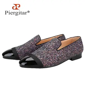 Flash Purple Sequined Canvas Slippers With Patent Leather Toes Handmade Men Moccasins For Party And Wedding Plus Size