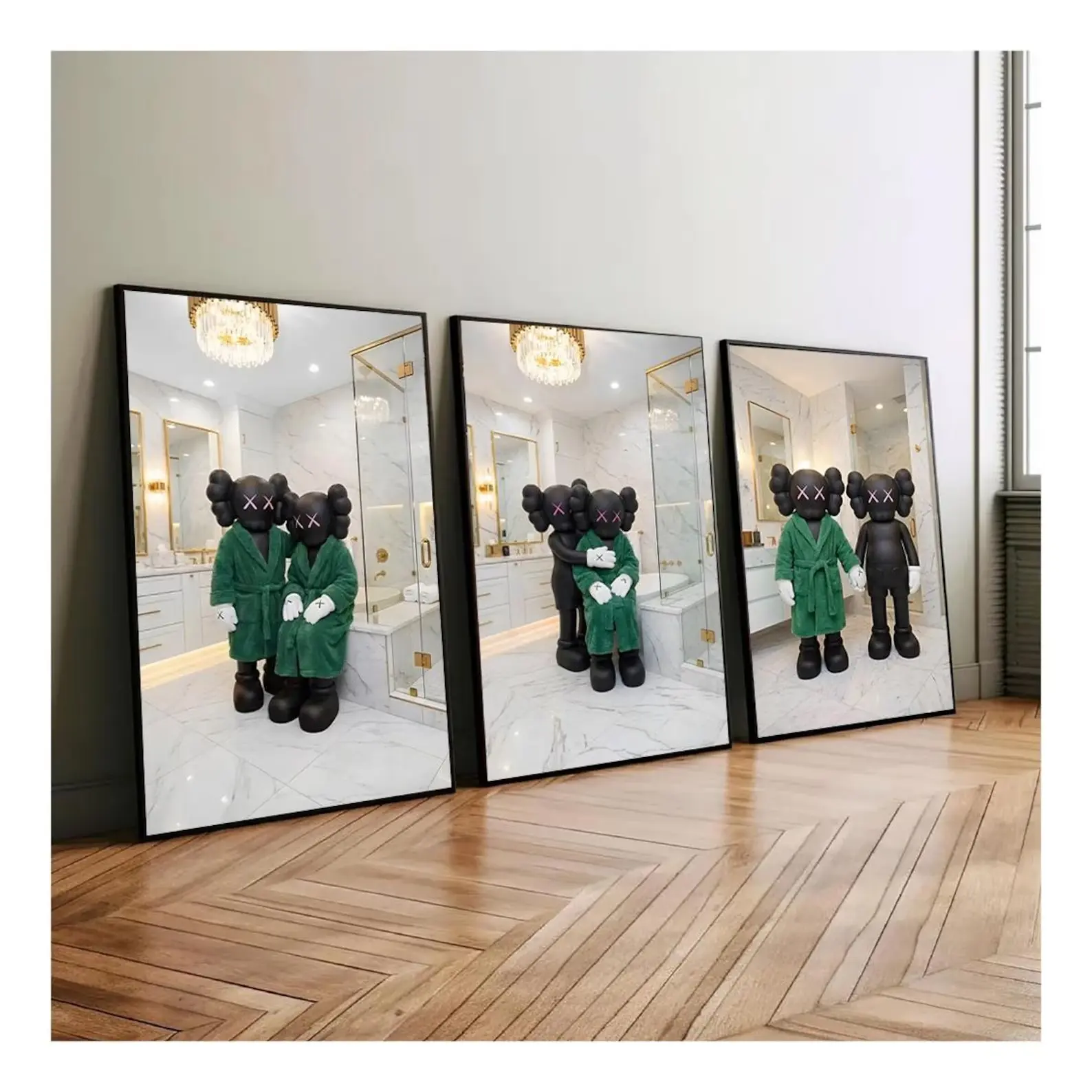 KAWS Bathroom Wall Art Set of 3 - Black Shower Posters, Hypebeast Washroom Decor, Modern Prints, Luxury Home Decor for Bathrooms
