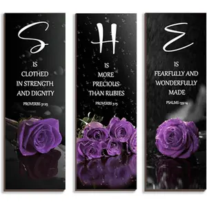 3 count Purple Bedroom Decor Purple Rose Wooden Wall Decor Inspirational Farmhouse Office Signs With SHE  Words Decor For Women Girl Bedroom Home(Purple 12x4Inch)