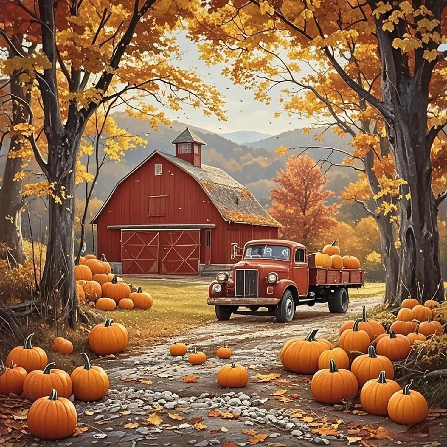 5D DIY Diamond Painting Kit, Cozy Autumn Fall Farm Landscape With Red Barn Vintage Truck Pumpkins Maple Leaves Art, Rustic Country Canvas Wall Decor Craft