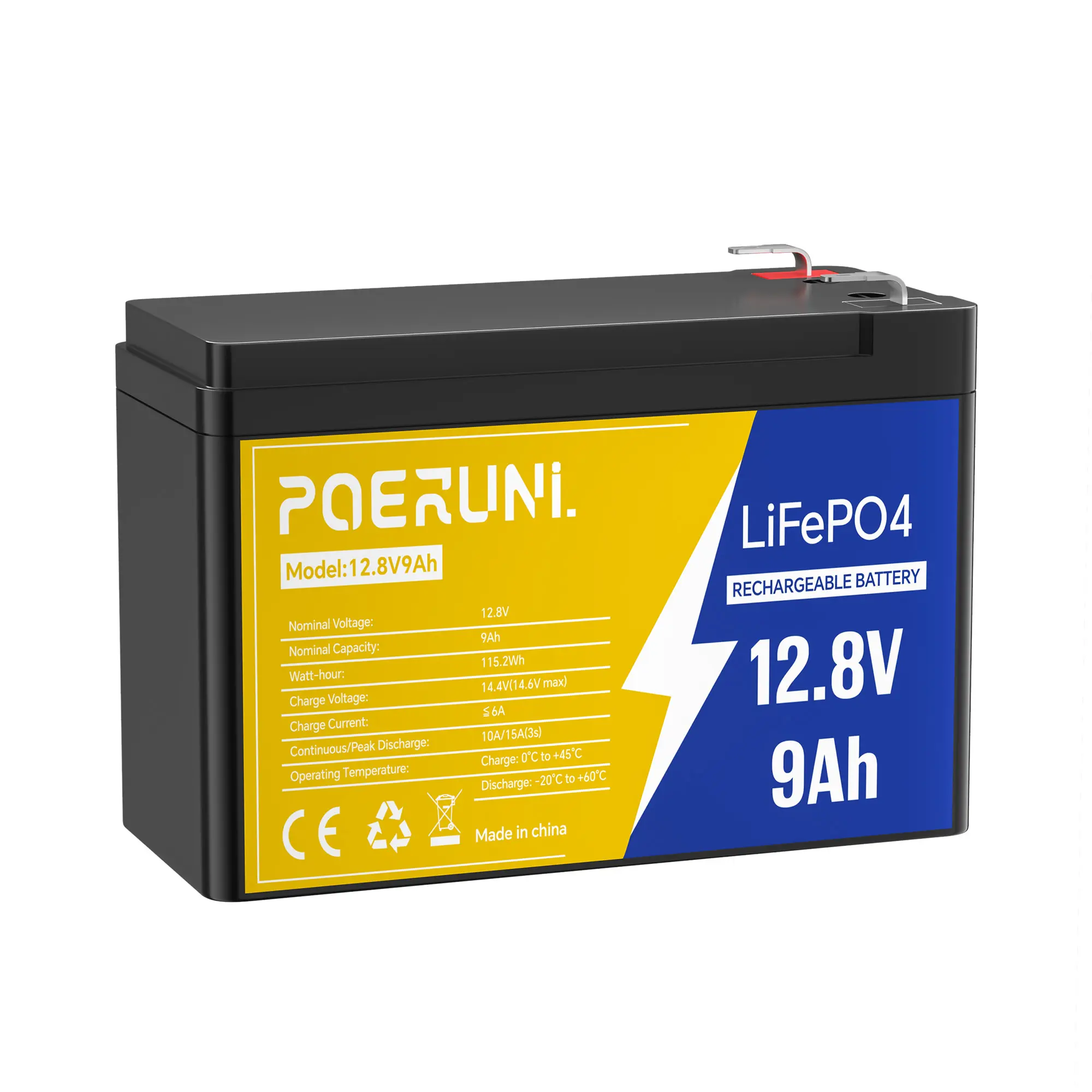 POERUNI 12V 9Ah LiFePO4 Rechargeable Lithium Battery for Camping Solar System Emergency Power Supply Off-Grid Energy Storage