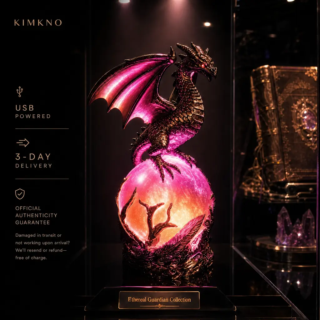 Gothic Dragon LED Crystal Ball Night Light, USB Powered Intricate Sculpted Resin Dragon Statue Lamp with Soft Pink Glow, Dark Aesthetic Fantasy Decor for Bedroom Dorm Gaming Room Bookshelf Altar, Halloween Gift for Dragon Lovers Goth Fans Collectors
