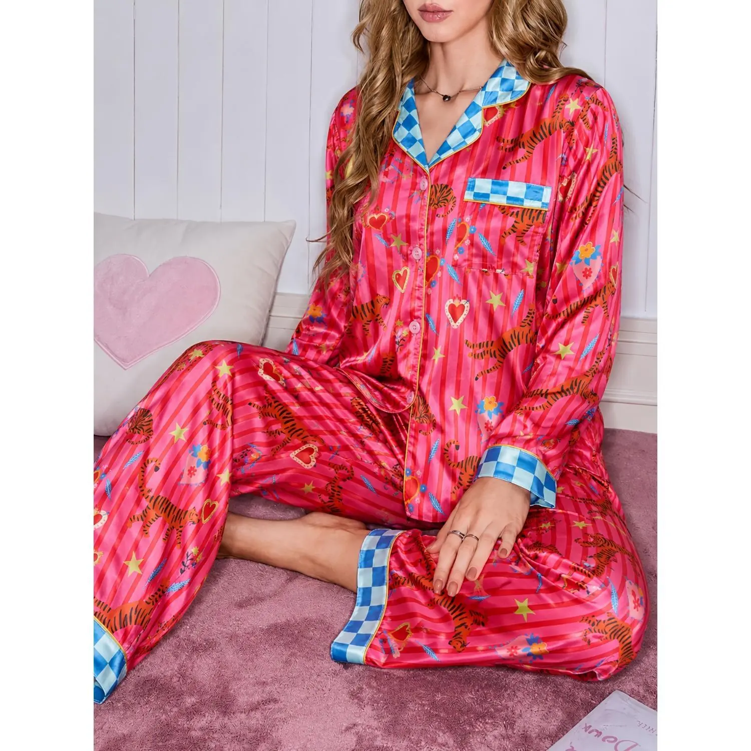 Women's Satin Rayon Pajama Set, 2pcs Long Sleeve Button-Up Cardigan and Long Pants, Tiger and Heart Print Y Smooth Loungewear