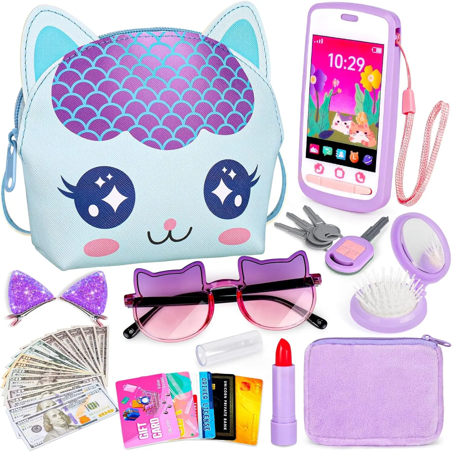 Play Purse with 30PCS Cat Kit, Princess Toys for Toddler Girl 3-12 | Cat Bag, Phone, Sunglasses, Wallet and Lipstick for Princess Role Play, Birthday Party, Mom-Daughter Fun, Multi-Dress Up Play