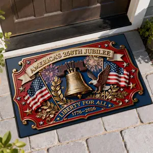 1pc 250th Anniversary Independence Day Blue Printed Doormat, Patriotic Welcome Floor Rug, Red-Blue Polyester Rectangle Bonded Pile, Non-Slip Backing, Easy to Clean, Suitable for Home Decor, Doorways, Blue Printed Doormats