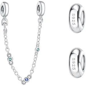 925 Sterling Silver Clips Charms Safety Chain Set Silicone Spacer Beads Stpper Charms For Bracelets Women Beads Friends Family