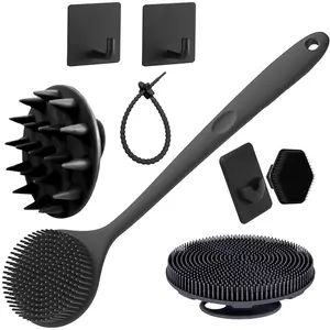 8-Piece Bath Brush Set, Long Handle Hair Brush, Silicone Massage Comb, Body Brush, Hexagonal Face Brush, Hook and Silicone Band Included, Body Scrubber, Silicone Shower Brush