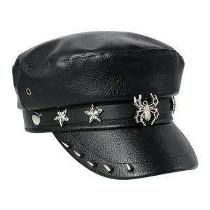 OIDEA Women’s PU Leather Punk Newsboy Cap - 1-Size-Fits-All, Stud Decor, Spiked Brim Military Pageboy Hat with Spider/Star Metal Details, Edgy Look for Biker Streetwear summerwins