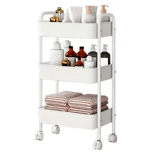 3 Tier Rolling Cart, Metal Utility Cart with 4 Hooks, Rolling Storage Cart on Wheels, Space Saving Organizer Cart for Nursery, Kitchen, Living Room, Bathroom, White