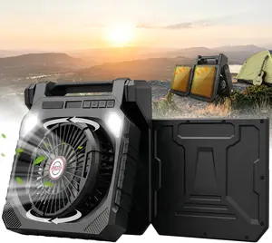 10" Rechargeable Solar Camping Fan with LED Light, 22000mAh Portable Table Fan with Dual Solar Panels, LED Display & 180° Adjustable Head for Outdoor, Picnic & Barbecue