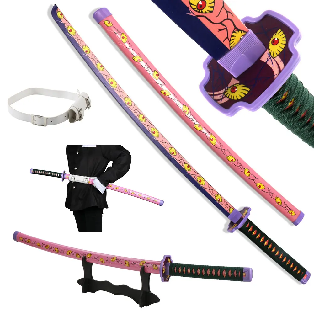 Anime Bamboo Wooden Demon Slayer Kokushibou Katana Sword, 41in Cosplay Prop with Belt Holder, Stand Display, Dull Blade, Plastic Handle, 1.1lb (Fencing Leisure Outdoor Recreation Equipment)