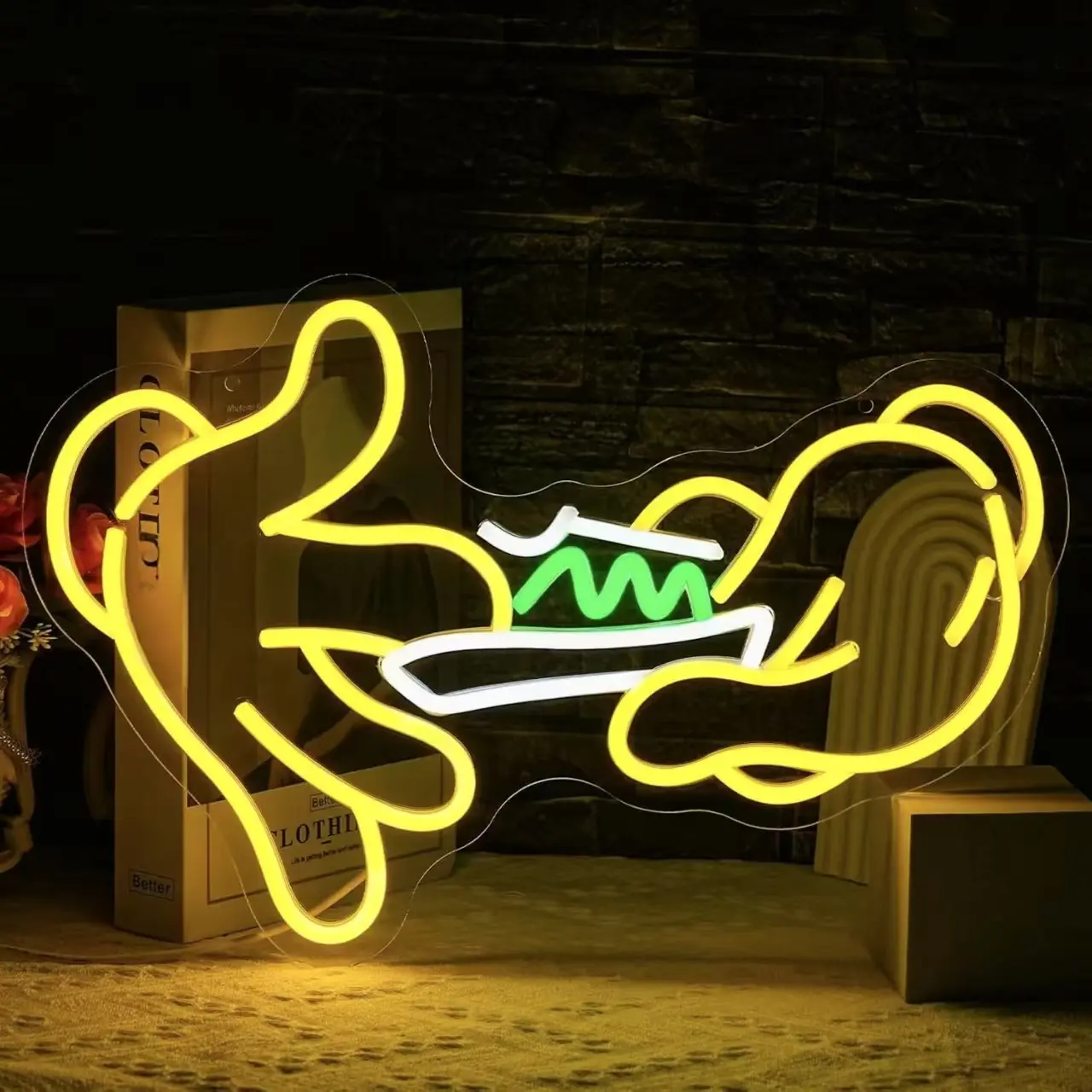 Dimmable 2-Hand LED Neon Sign, USB-Powered Acrylic Decorative Lamp, Ambient Indoor Specialty Light with Cartoon Hands for Bedroom Wall Decor, Whimsical Home Decor