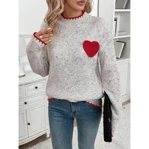 Women’s heart print drop shoulder sweater, casual long-sleeve pullover jumper for fall and winter, fashionable ladies’ knitwear for daily wear, Valentine’s Day gift