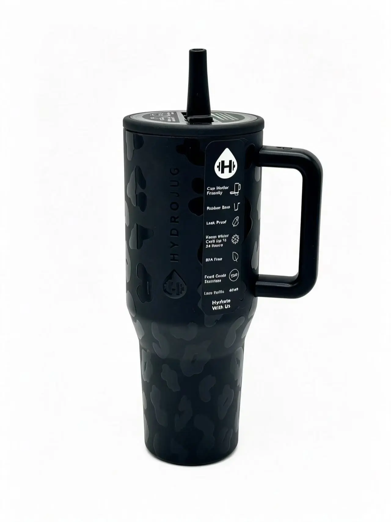 HydroJug 40oz Stylish Edgy Matte Black Leopard Portable Water Bottle Flask, Double Wall Insulated Stainless Steel Tumbler with Ergonomic Handle, Flip Straw Lid, Sweat-Proof BPA-Free Vacuum Insulation Drinkware