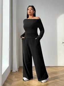 Plus Size Women's Solid Color Casual Long Sleeve Top with Irregular Hem and Drawstring Wide Leg Pants Set for All Seasons, Comfortable and Fitted Outfit