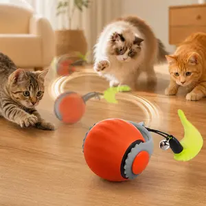 Interactive cat teaser ball toy with automatic swinging function, activated by motion, works on various surface materials; cat molar chew toy, pet chasing toy, fun indoor cat toy, suitable for all body types of felines, comes with attachable feather