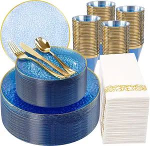 350 Pcs Clear Blue, Blue Gold Dinnerware Set (50 Guests), Blue Disposable With Gold Rim, Hammered Set for Wedding And