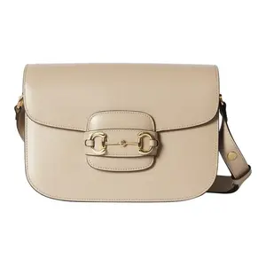 Pre-owned GUCCI canvas Shoulder Bags Horsebit 1955 Gold Buckle Bag Medium Oatmeal Color Spliced Design Unisex & Leather Crossbody Shoulder Bag