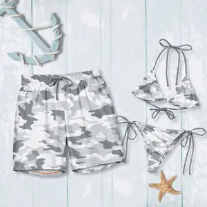 Snow Camo Matching Couple Swimwear Set – Gray Camouflage Triangle Bikini & Men’s Swim Trunks, Summer Beach Outfit