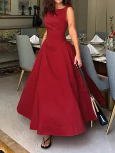 Elegant Midi Dress with Flowing Skirt, Vintage Sleeveless A-Line Gown for Parties and Gatherings, Loose-Fitting Chic Evening Wear