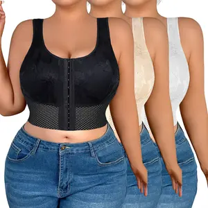 Women's Plus Size Lace Front Closure Soft & Breathable Full Coverage Bra Non Padded Wireless Minimizer Bras Anti-Sagging Bra for Everyday Wear
